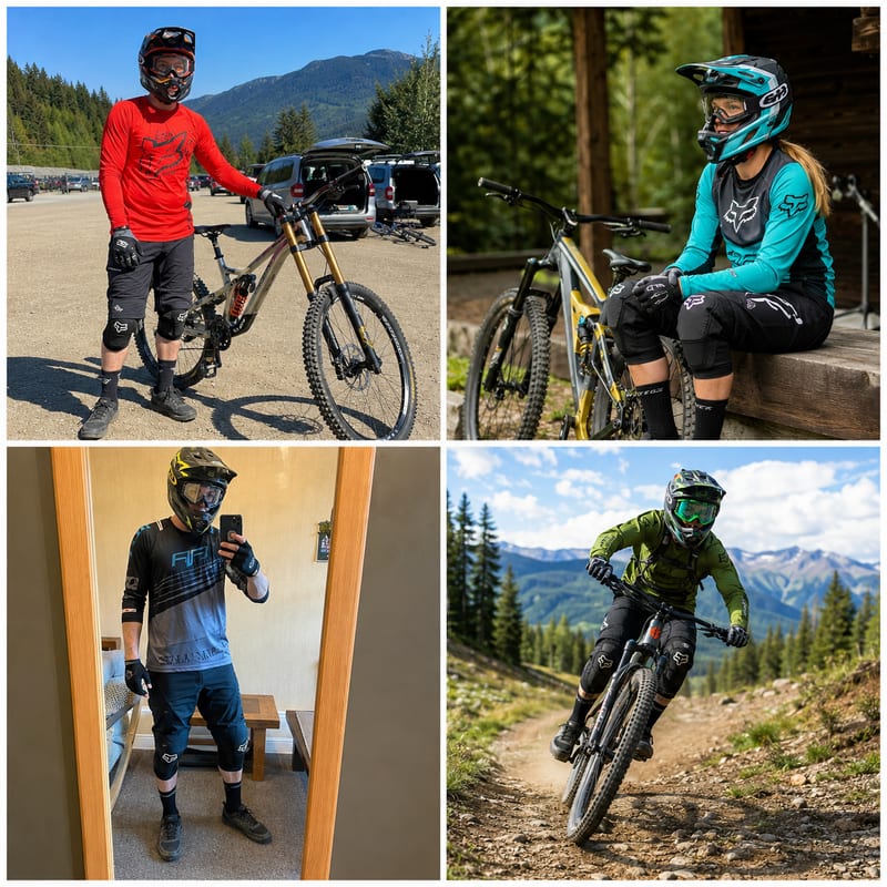 Full body — gear, helmet and bike visible