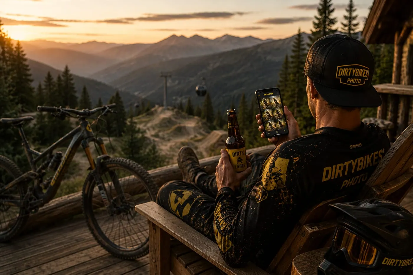 A rider in a Dirty Bikes Photo cap and jersey relaxing at sunset, browsing the day's photos on his phone β Mottolino Bikepark, Livigno
